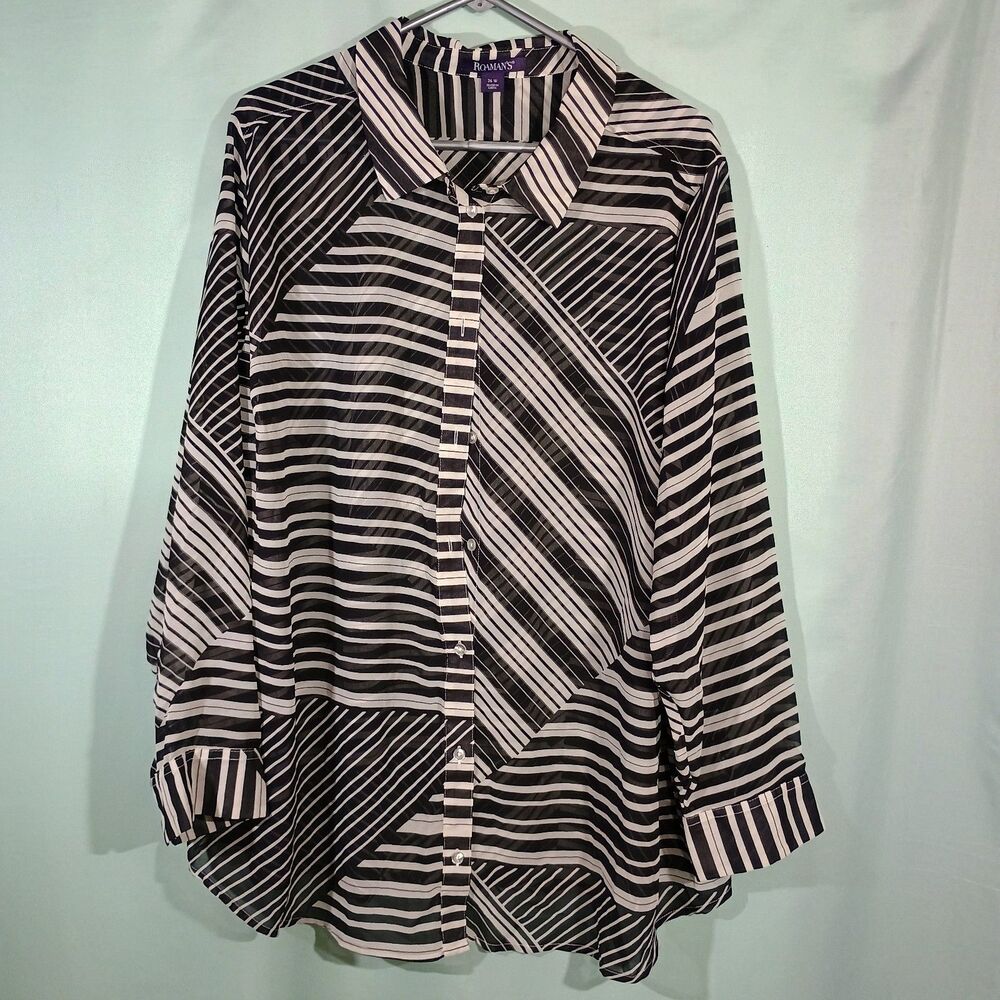 Women's Striped Button Down Blouse Black White Mixed Stripe Long Sleeve Shirt